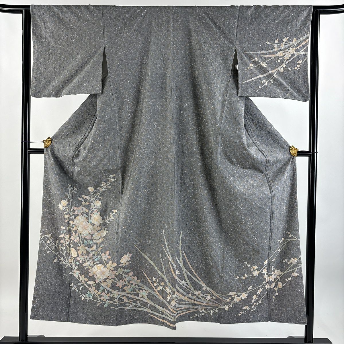 【庫存清倉】 付下 身長150cm 袖長63.5cm S 雙層 紬織織 有落款 菊花花 絞染 青灰 純蠶絲 優品級