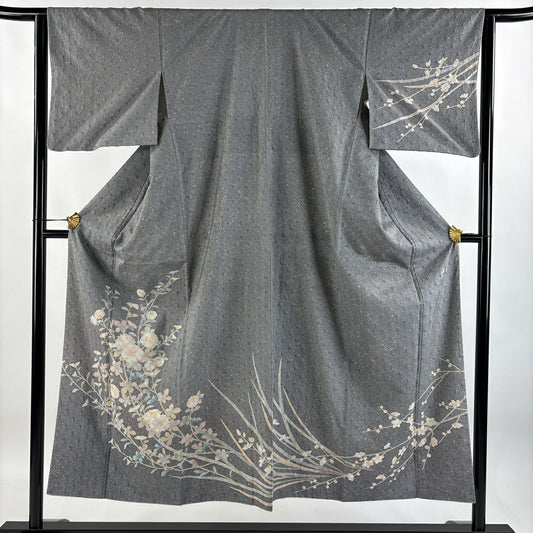 【庫存清倉】 付下 身長150cm 袖長63.5cm S 雙層 紬織織 有落款 菊花花 絞染 青灰 純蠶絲 優品級