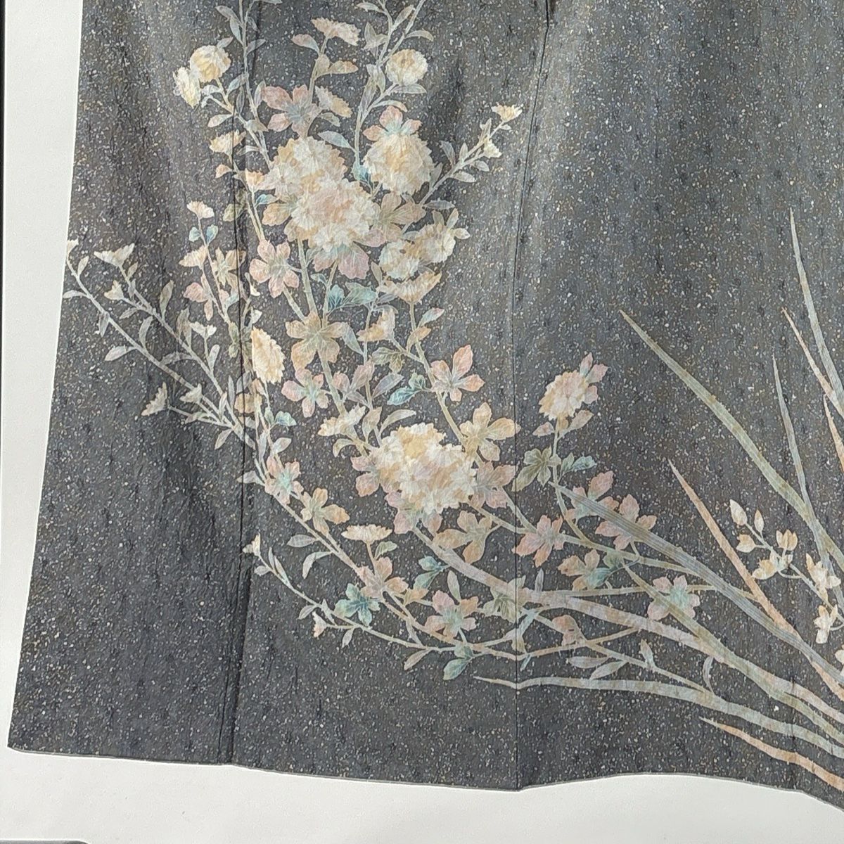 【庫存清倉】 付下 身長150cm 袖長63.5cm S 雙層 紬織織 有落款 菊花花 絞染 青灰 純蠶絲 優品級