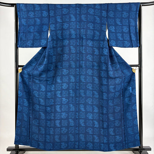 【庫存清倉】 小紋 身長156.5cm 袖長65cm M 雙層 落款 草花紋幾何學 絞緬 深藍 純蠶絲 優品級