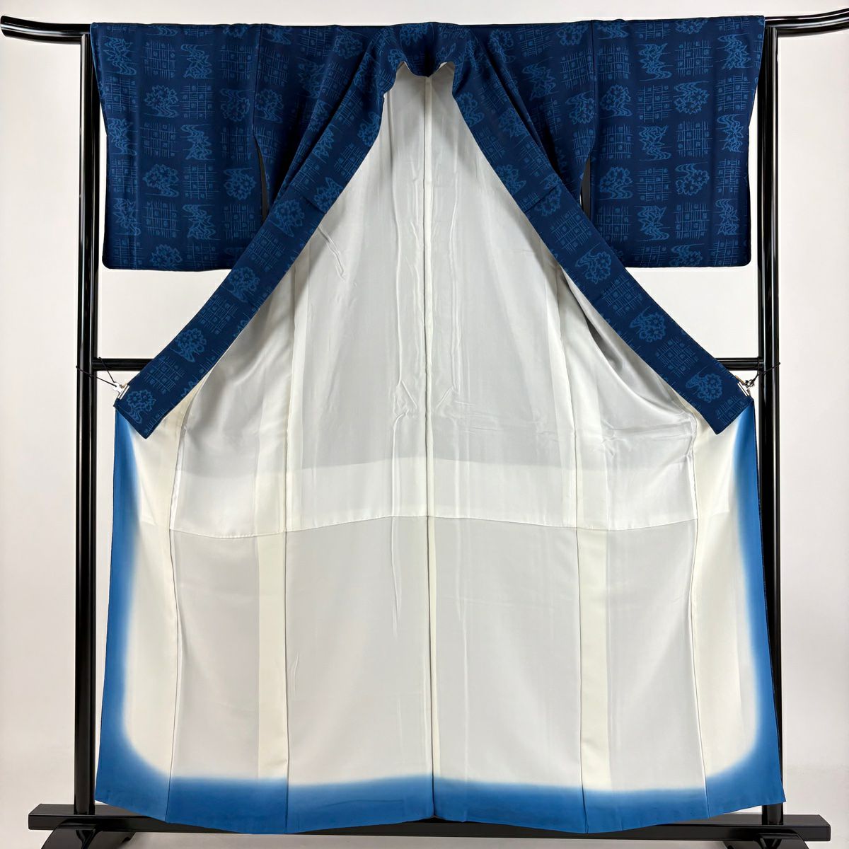 【庫存清倉】 小紋 身長156.5cm 袖長65cm M 雙層 落款 草花紋幾何學 絞緬 深藍 純蠶絲 優品級