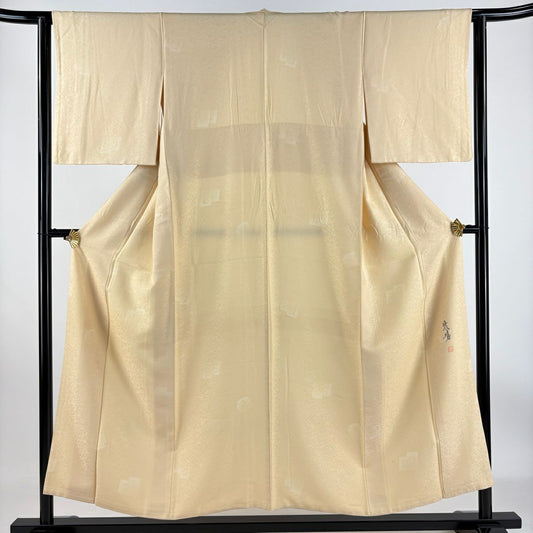 【清倉特賣】 小紋 身長152.5cm 袖長62.5cm S 雙層 落款有 源氏香 地紋 金銀彩 米色 純蠶絲 優品級