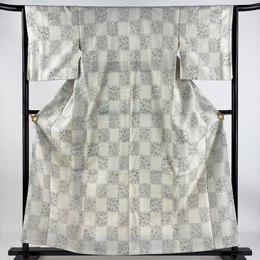 【庫存清倉】 紬織 身長158.5cm 袖長64cm M 雙層 變形市松樹 葉紋 灰白 純蠶絲 優品級