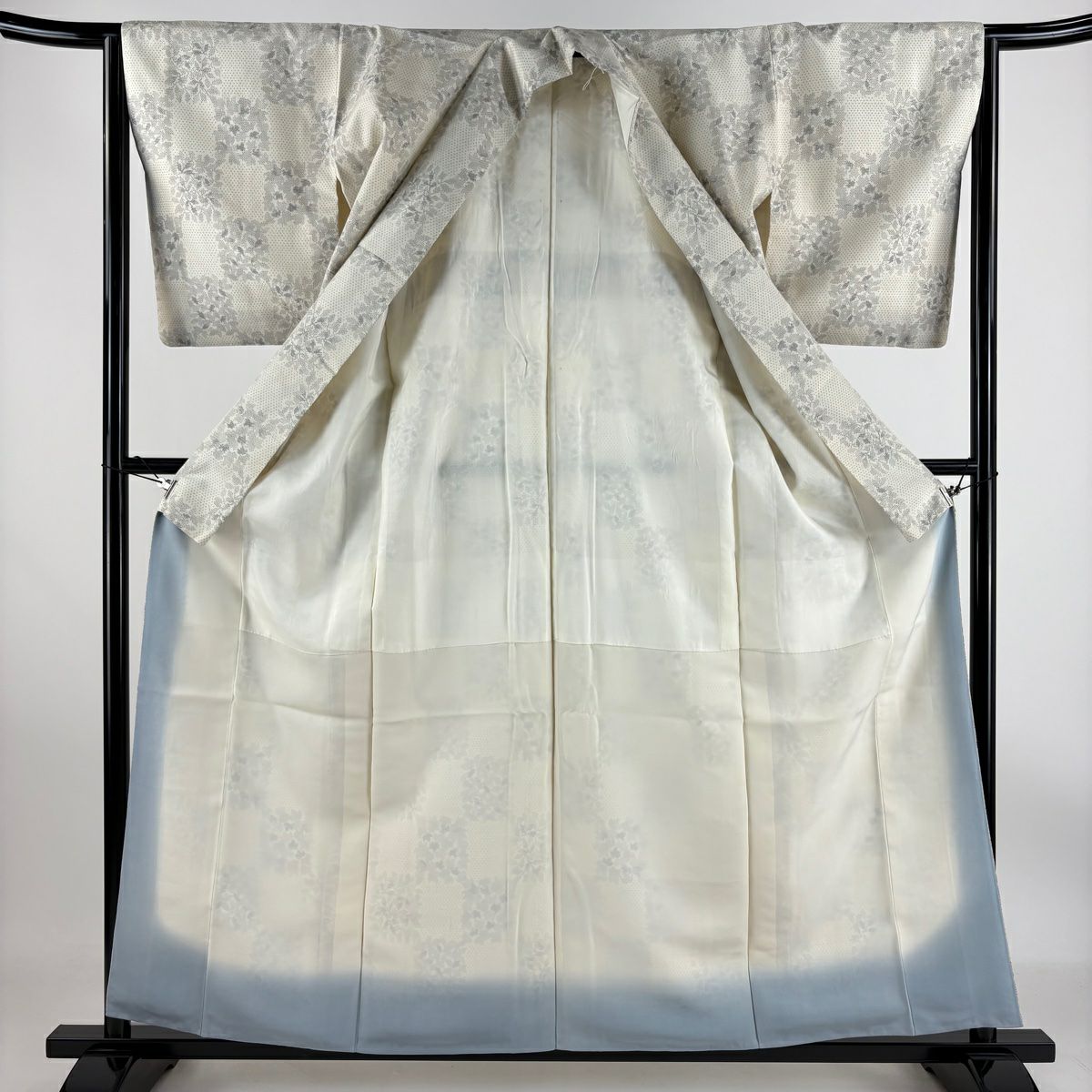 【庫存清倉】 紬織 身長158.5cm 袖長64cm M 雙層 變形市松樹 葉紋 灰白 純蠶絲 優品級