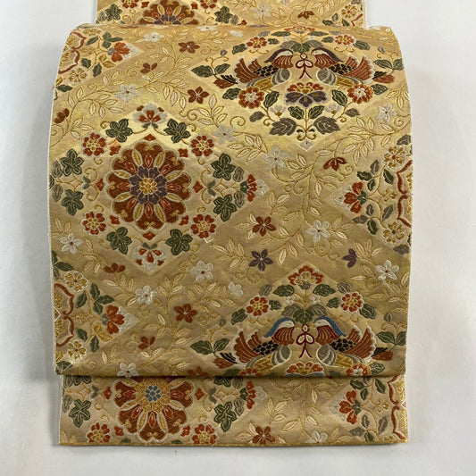 【庫存清倉】 袋帶 美品 秀品級 華紋 向鳥 金絲 金金箔 金 六通 純蠶絲