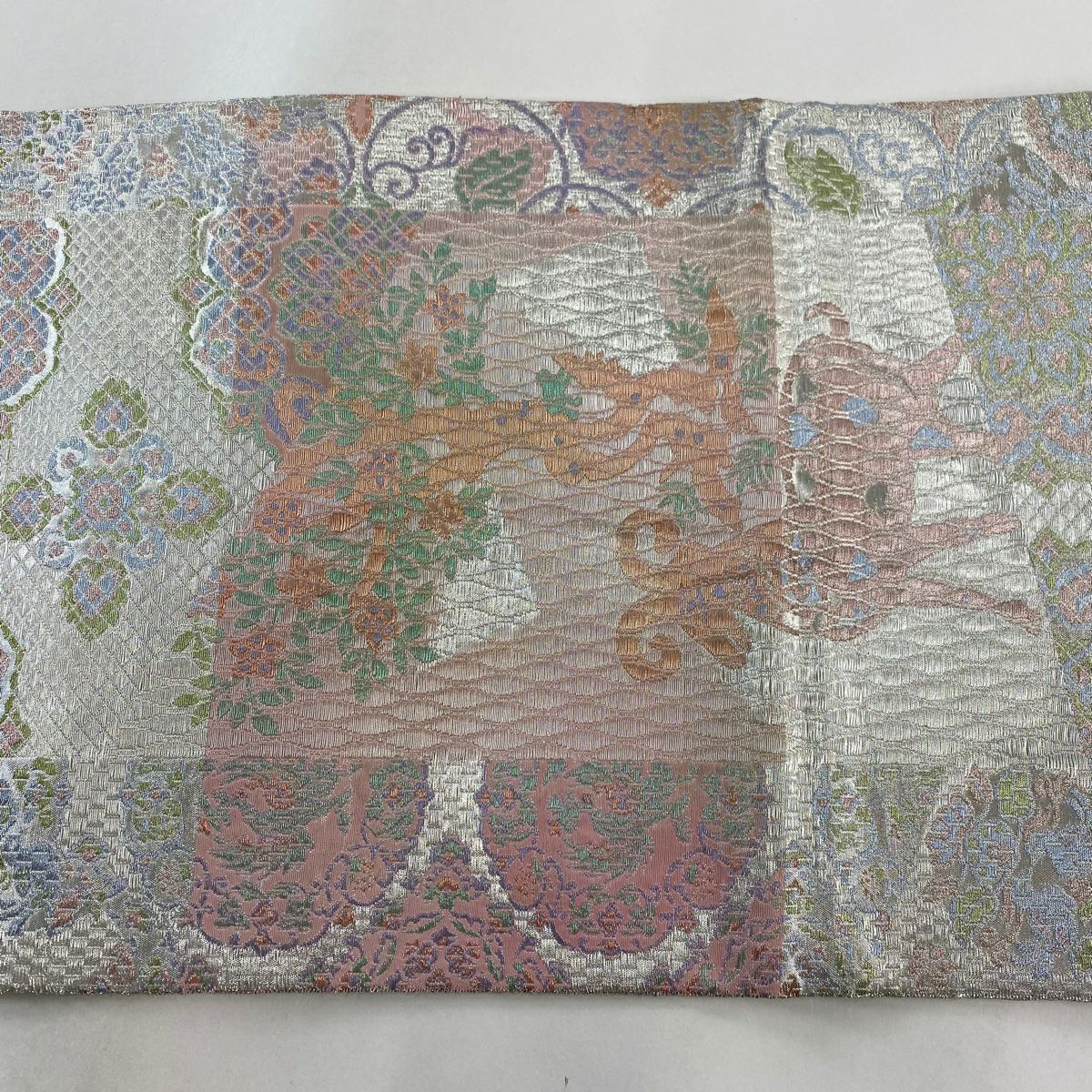 【庫存清倉】 袋帶 美品 秀品級 動物 草花紋 銀線 銀色 六通 純蠶絲