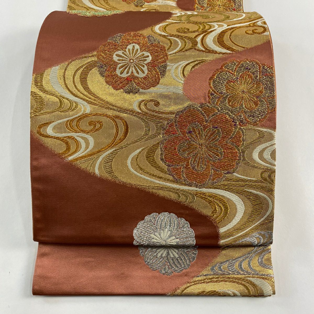 【庫存清倉】 袋帶 美品 秀品級 菊花 流水 金銀彩 小豆 深藍 六通 純蠶絲