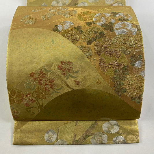 【庫存清倉】 袋帶 美品 優品級 草花紋紋 金金箔 金色 大鼓圖案 純蠶絲