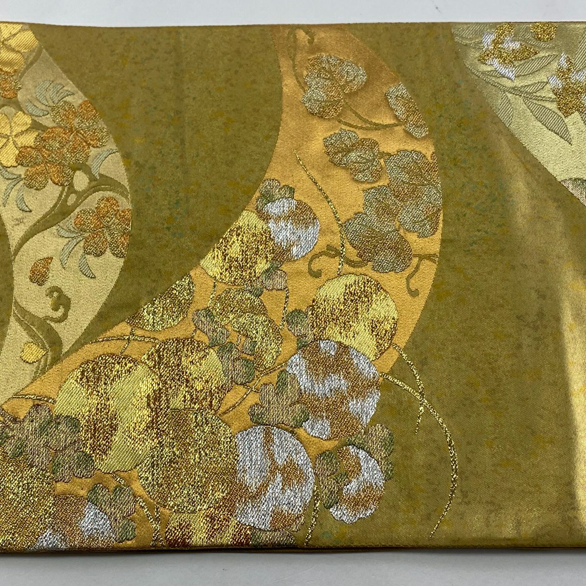 【庫存清倉】 袋帶 美品 優品級 草花紋紋 金金箔 金色 大鼓圖案 純蠶絲