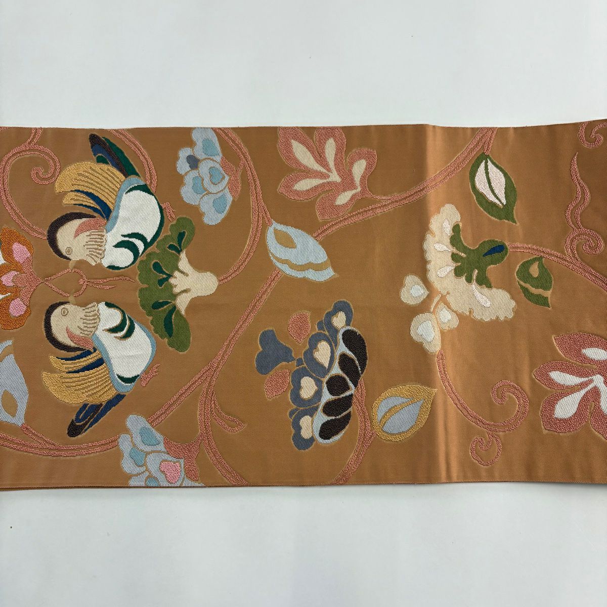 【庫存清倉】 袋帶 優品級 關西仕立 雞鳥 草花紋紋 金金箔 淺茶 六通 純蠶絲