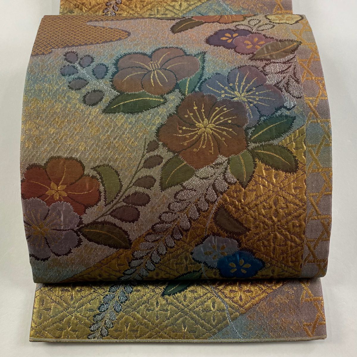 【庫存清倉】 袋帶 美品 優品級 關西仕立 草花紋紋 菱紋 金金箔 灰紫 六通 純蠶絲