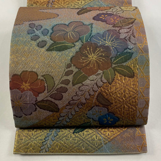 【庫存清倉】 袋帶 美品 優品級 關西仕立 草花紋紋 菱紋 金金箔 灰紫 六通 純蠶絲