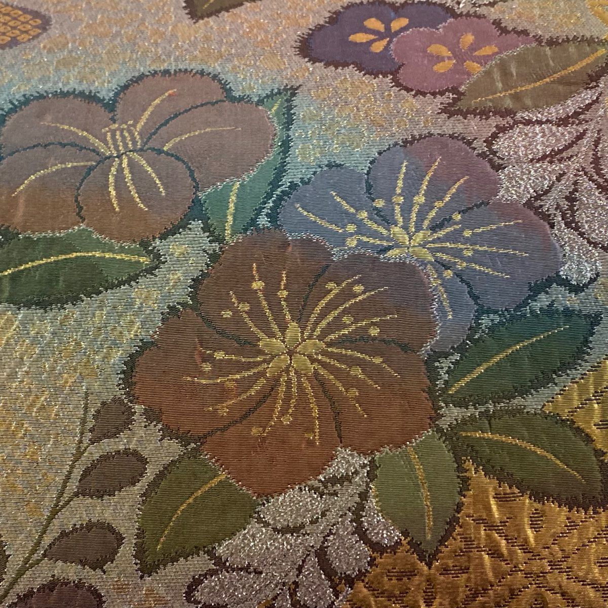 【庫存清倉】 袋帶 美品 優品級 關西仕立 草花紋紋 菱紋 金金箔 灰紫 六通 純蠶絲