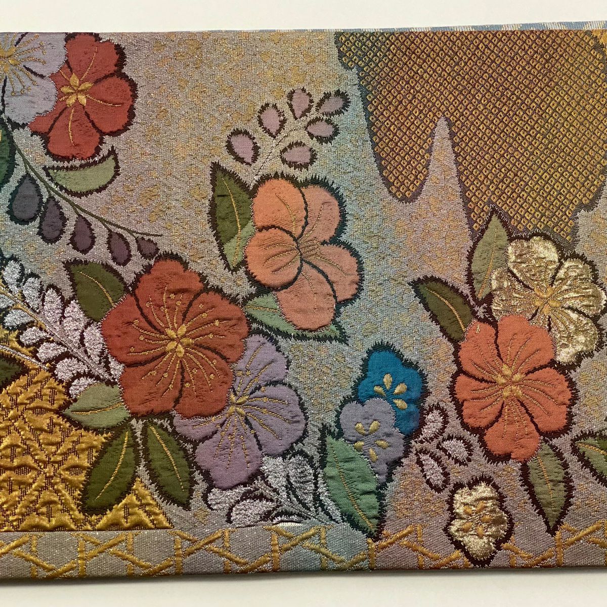 【庫存清倉】 袋帶 美品 優品級 關西仕立 草花紋紋 菱紋 金金箔 灰紫 六通 純蠶絲