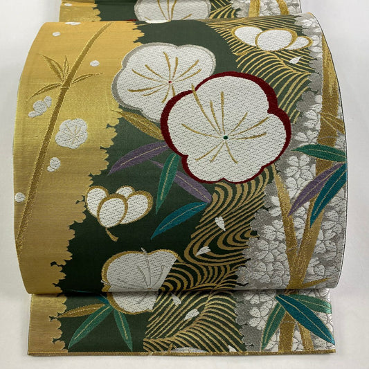 【庫存清倉】 袋帶 優品級 梅花 竹子 刺繡 金銀線 綠 六通 純蠶絲