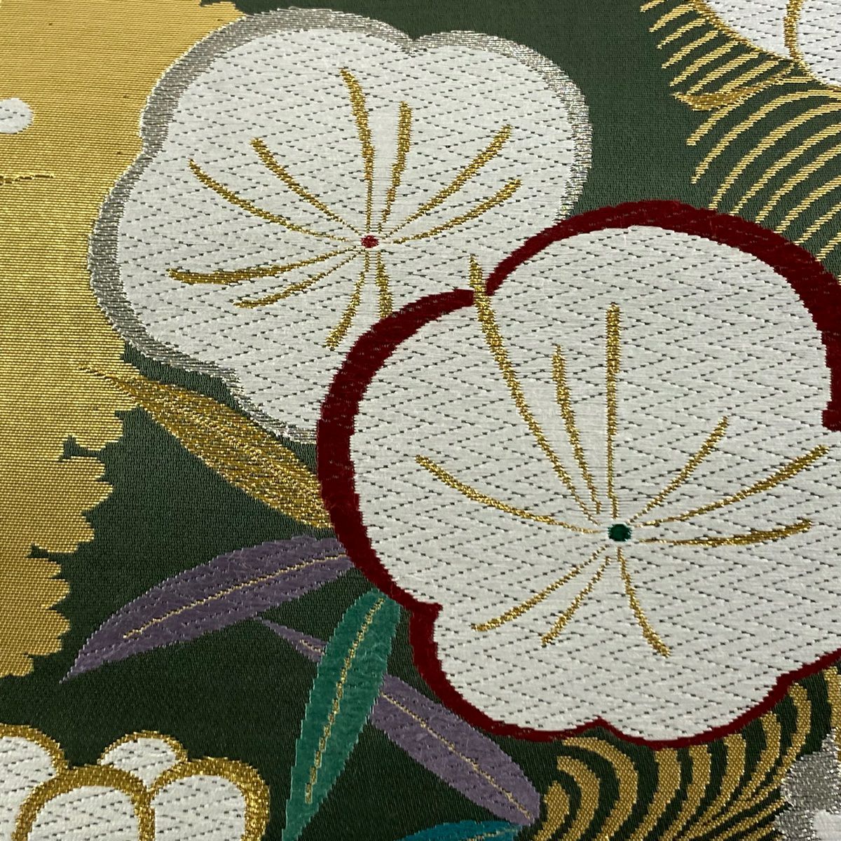 【庫存清倉】 袋帶 優品級 梅花 竹子 刺繡 金銀線 綠 六通 純蠶絲