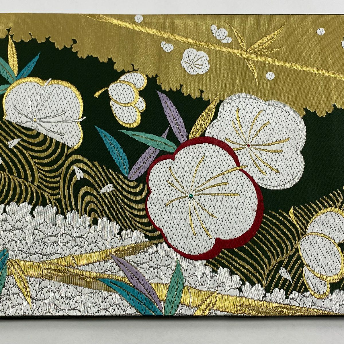 【庫存清倉】 袋帶 優品級 梅花 竹子 刺繡 金銀線 綠 六通 純蠶絲