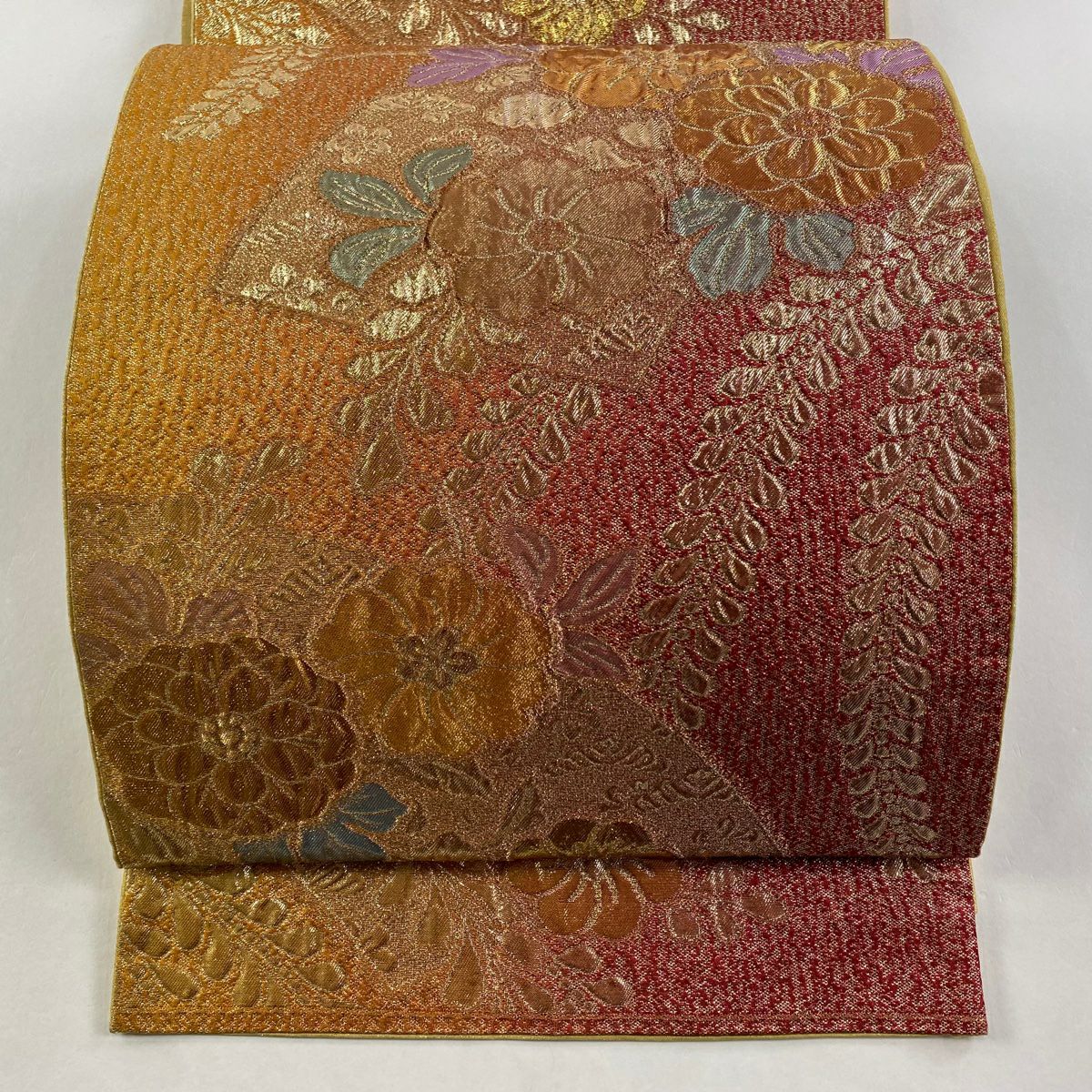 【庫存清倉】 袋帶 優品級 關西仕立 扇子面 草花紋 金絲 金金箔 紅 六通 純蠶絲