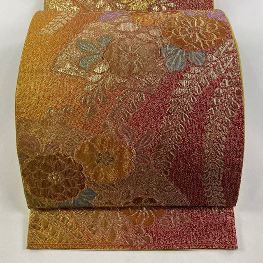 【庫存清倉】 袋帶 優品級 關西仕立 扇子面 草花紋 金絲 金金箔 紅 六通 純蠶絲