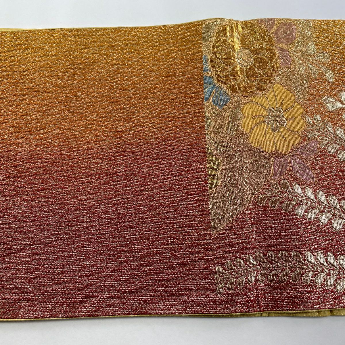 【庫存清倉】 袋帶 優品級 關西仕立 扇子面 草花紋 金絲 金金箔 紅 六通 純蠶絲