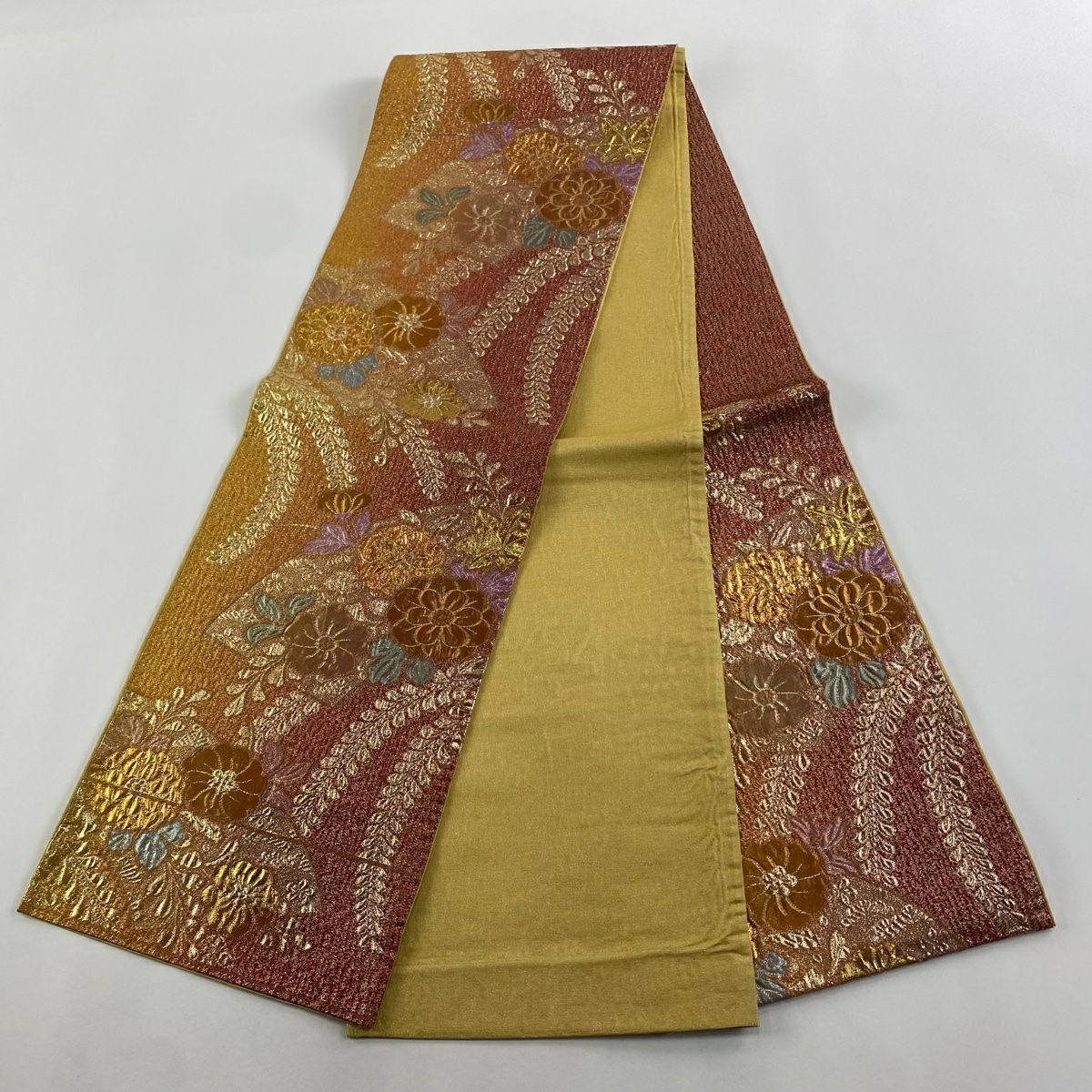 【庫存清倉】 袋帶 優品級 關西仕立 扇子面 草花紋 金絲 金金箔 紅 六通 純蠶絲