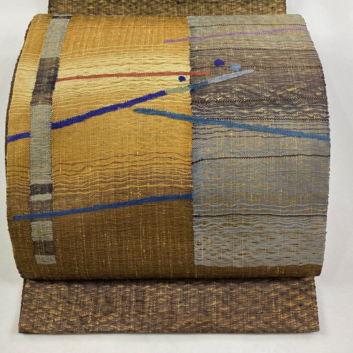 【庫存清倉】 袋帶 美品 秀品級 幾何圖案 條紋 焦茶 紅色太鼓圖案 純蠶絲