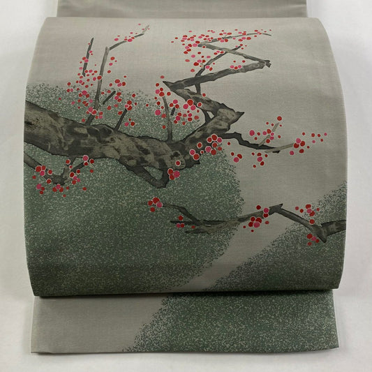 【庫存清倉】 袋帶 優品級 紬織織 紅梅花 灰色 大鼓圖案 純蠶絲