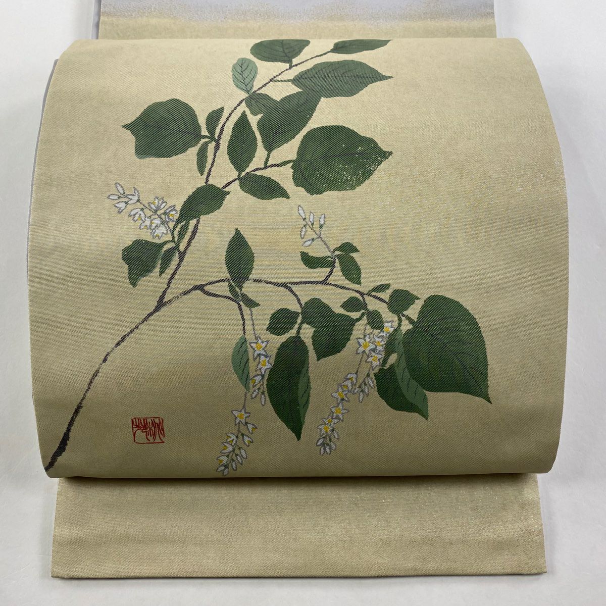 【庫存清倉】 袋帶 優品級 附落款 草花紋紋 金金箔 米色 大鼓圖案 純蠶絲