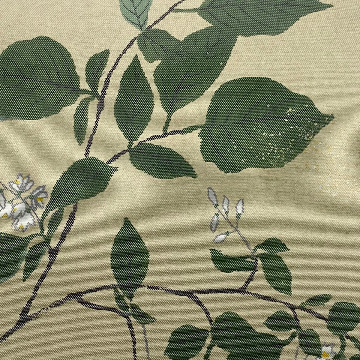 【庫存清倉】 袋帶 優品級 附落款 草花紋紋 金金箔 米色 大鼓圖案 純蠶絲