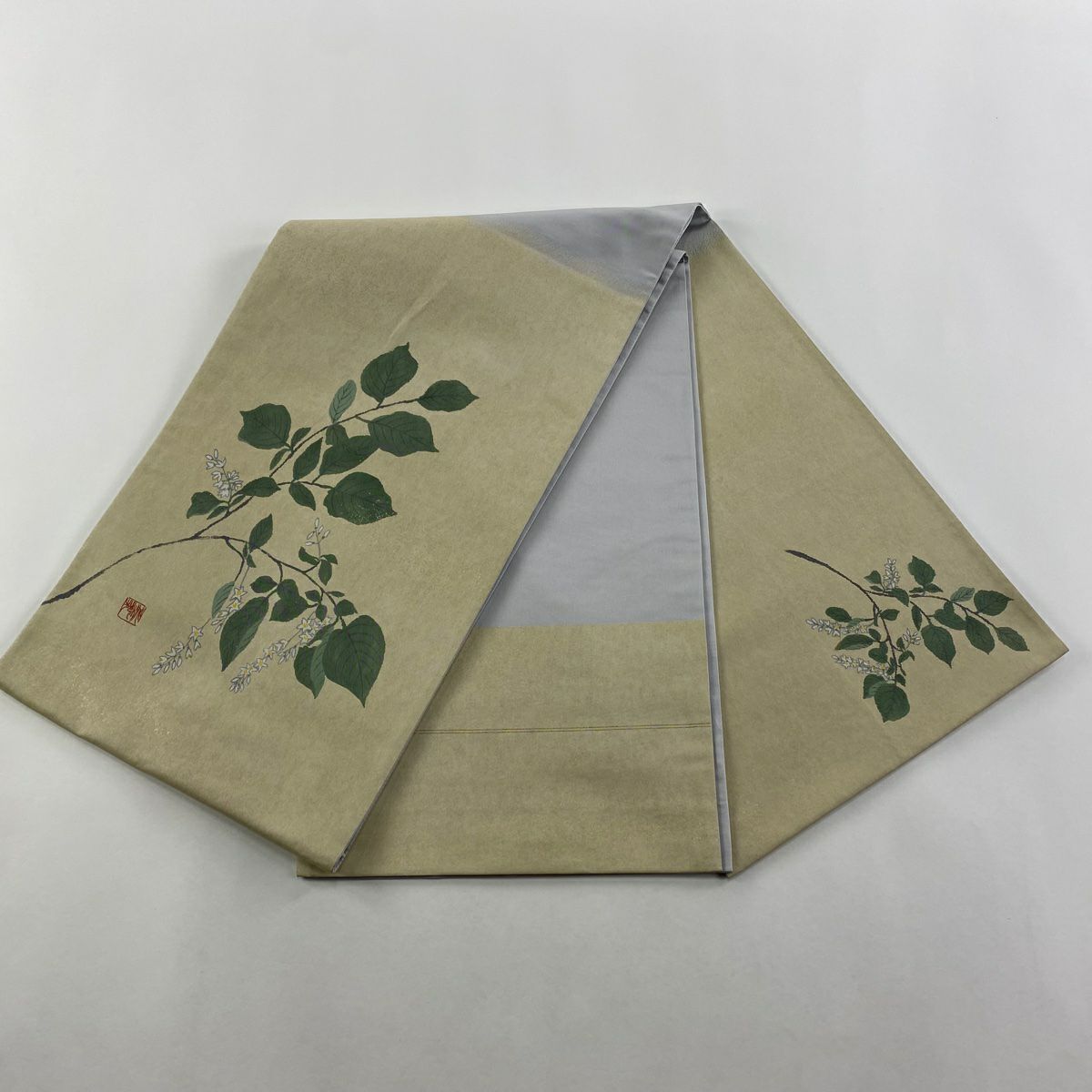 【庫存清倉】 袋帶 優品級 附落款 草花紋紋 金金箔 米色 大鼓圖案 純蠶絲