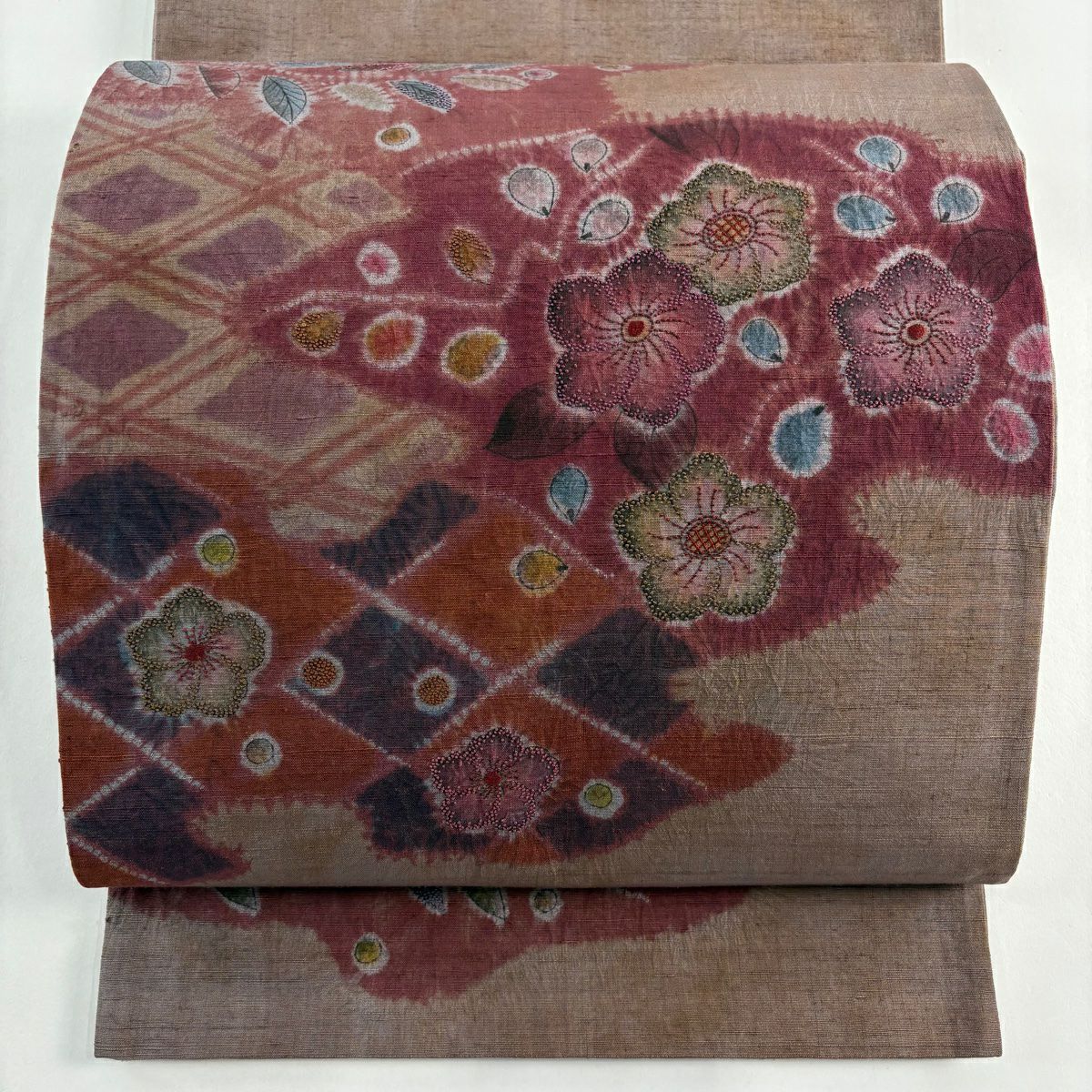 【庫存清倉】 袋帶 美品 秀品級 紬織織 草花紋紋 霞 刺繡 茶紫 お太鼓柄 純蠶絲