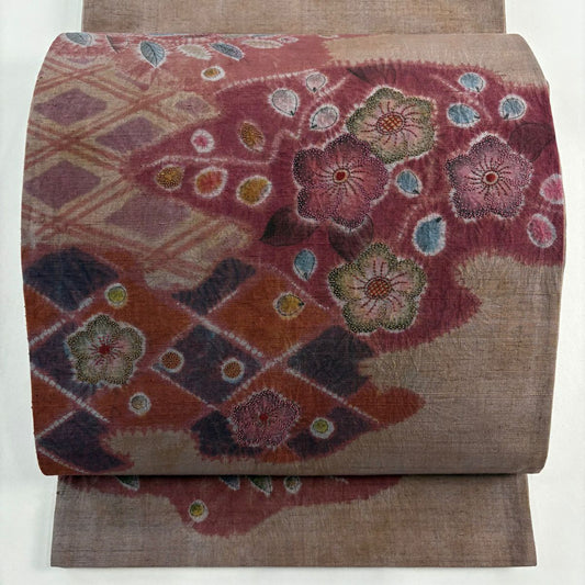 【庫存清倉】 袋帶 美品 秀品級 紬織織 草花紋紋 霞 刺繡 茶紫 お太鼓柄 純蠶絲