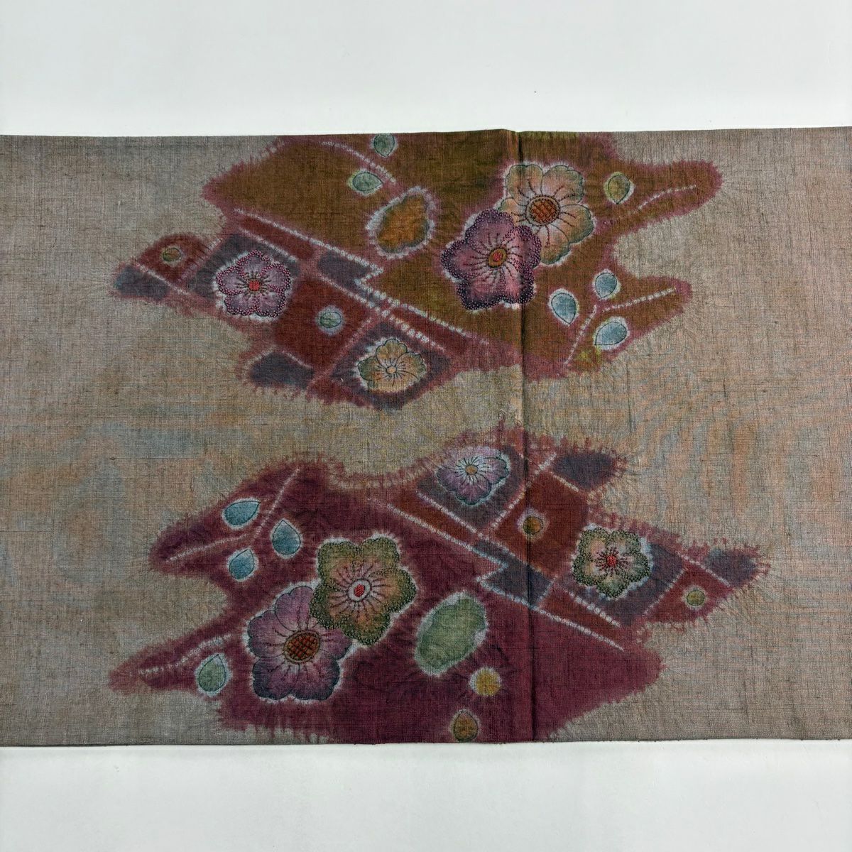 【庫存清倉】 袋帶 美品 秀品級 紬織織 草花紋紋 霞 刺繡 茶紫 お太鼓柄 純蠶絲