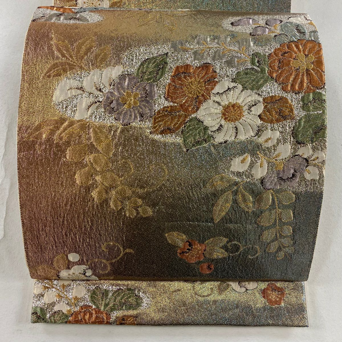 【庫存清倉】 袋帶 美品 秀品級 草花紋 金糸 金金箔 金色 六通 純蠶絲