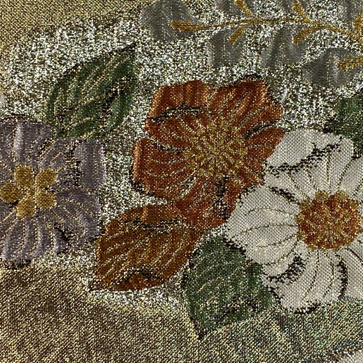 【庫存清倉】 袋帶 美品 秀品級 草花紋 金糸 金金箔 金色 六通 純蠶絲