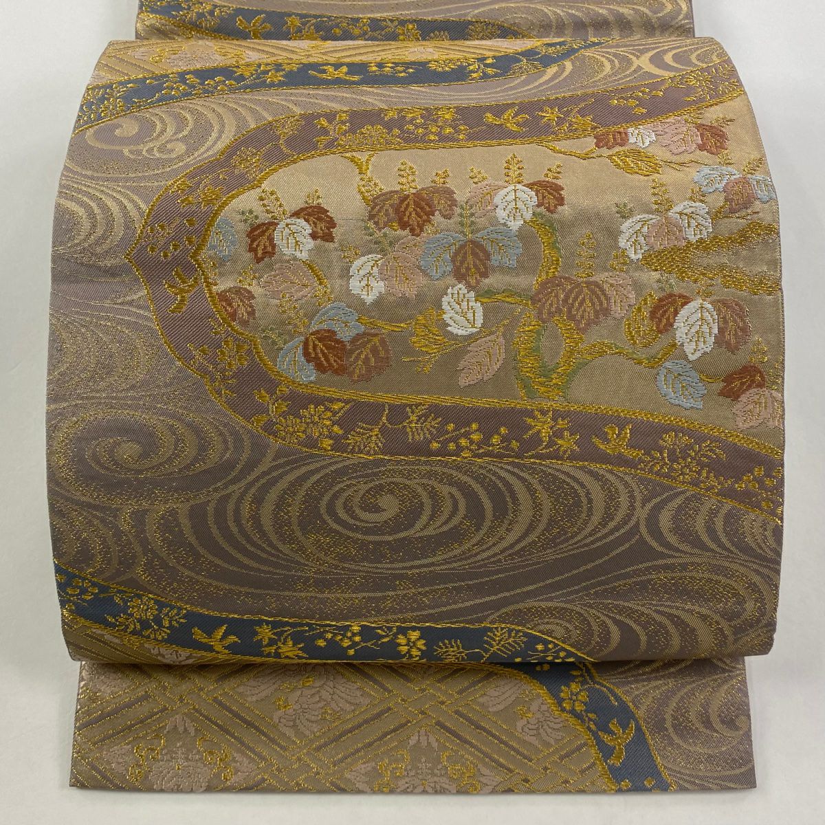 【庫存清倉】 袋帶 逸品級 北出與三郎 本袋 桐 向鳥 金絲 刺繡 灰紫 六通 純蠶絲