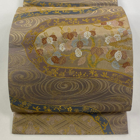 【庫存清倉】 袋帶 逸品級 北出與三郎 本袋 桐 向鳥 金絲 刺繡 灰紫 六通 純蠶絲