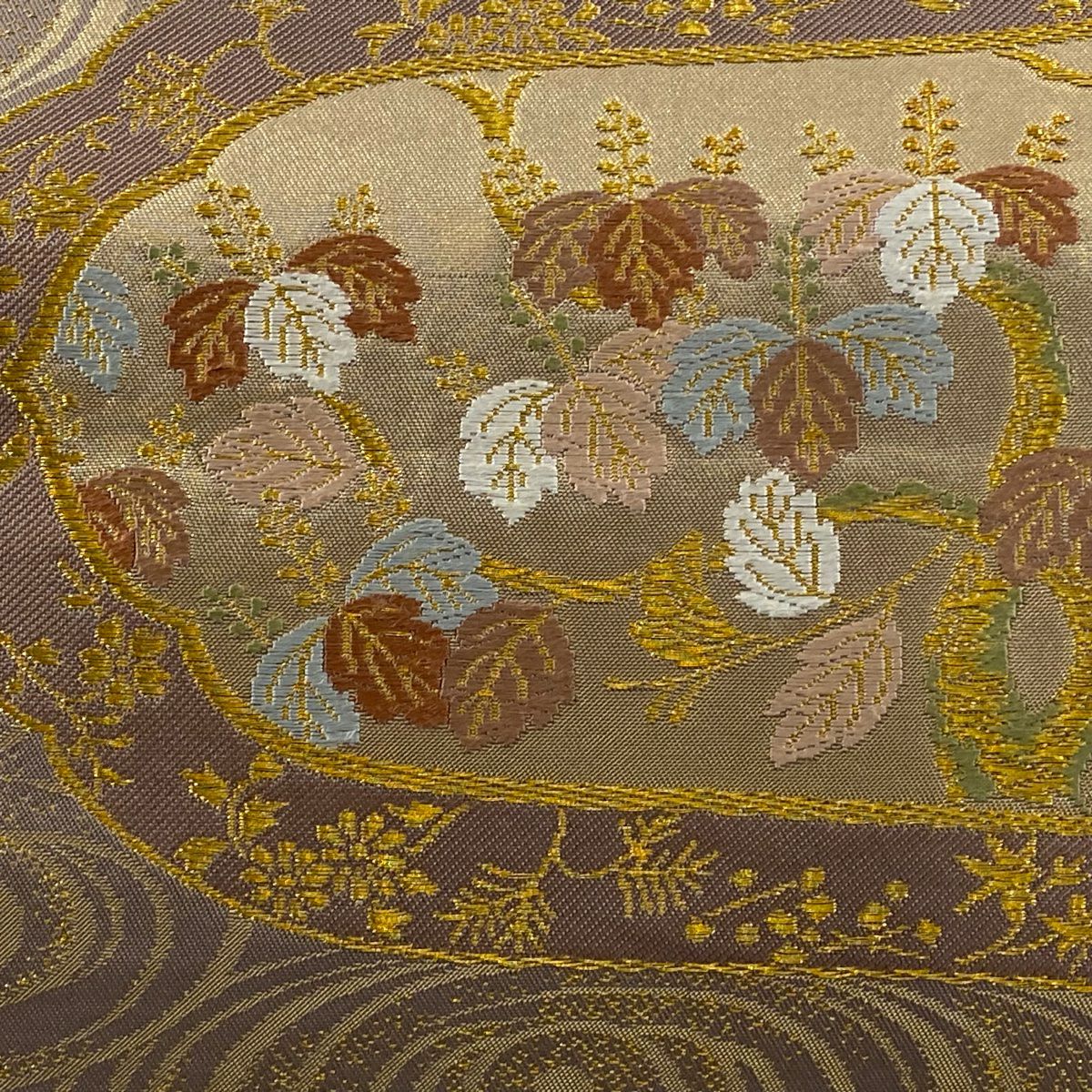 【庫存清倉】 袋帶 逸品級 北出與三郎 本袋 桐 向鳥 金絲 刺繡 灰紫 六通 純蠶絲
