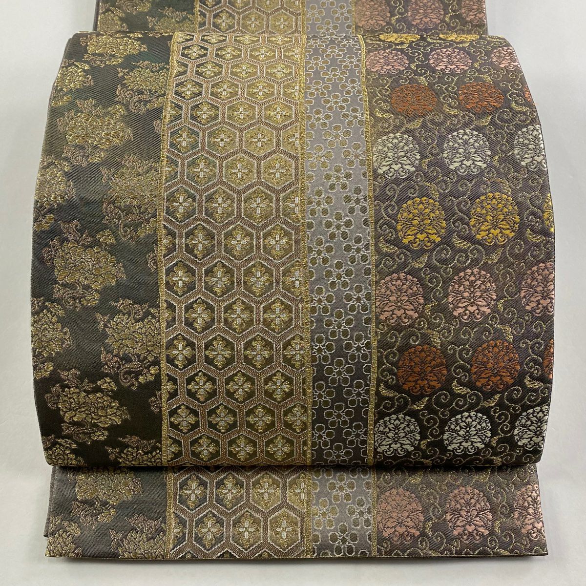 【庫存清倉】 袋帶 美品 名品級 名物裂 草花紋紋 龜甲紋 金絲 金金箔 灰綠 六通 純蠶絲
