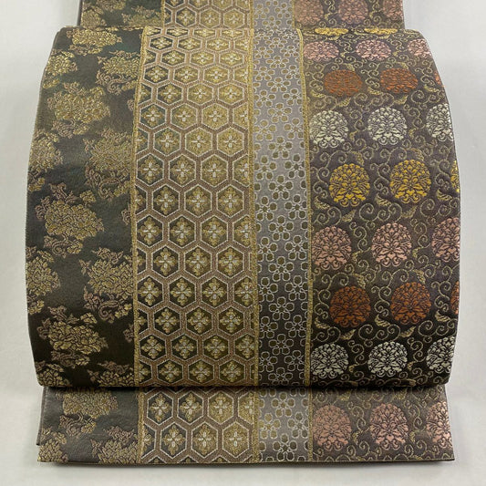 【庫存清倉】 袋帶 美品 名品級 名物裂 草花紋紋 龜甲紋 金絲 金金箔 灰綠 六通 純蠶絲
