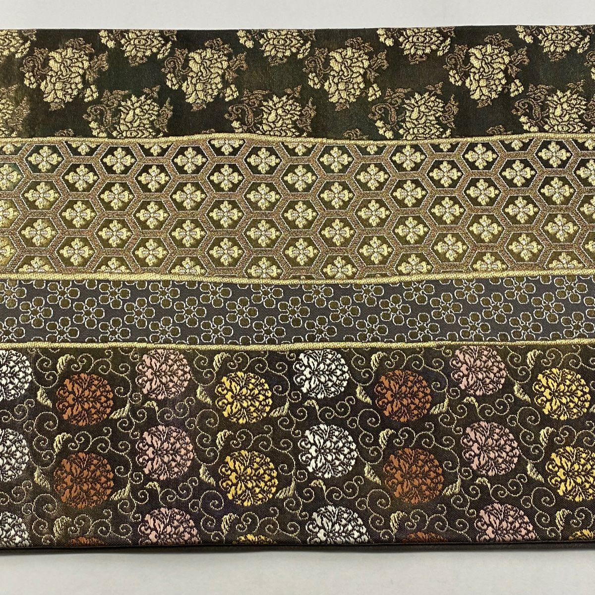【庫存清倉】 袋帶 美品 名品級 名物裂 草花紋紋 龜甲紋 金絲 金金箔 灰綠 六通 純蠶絲
