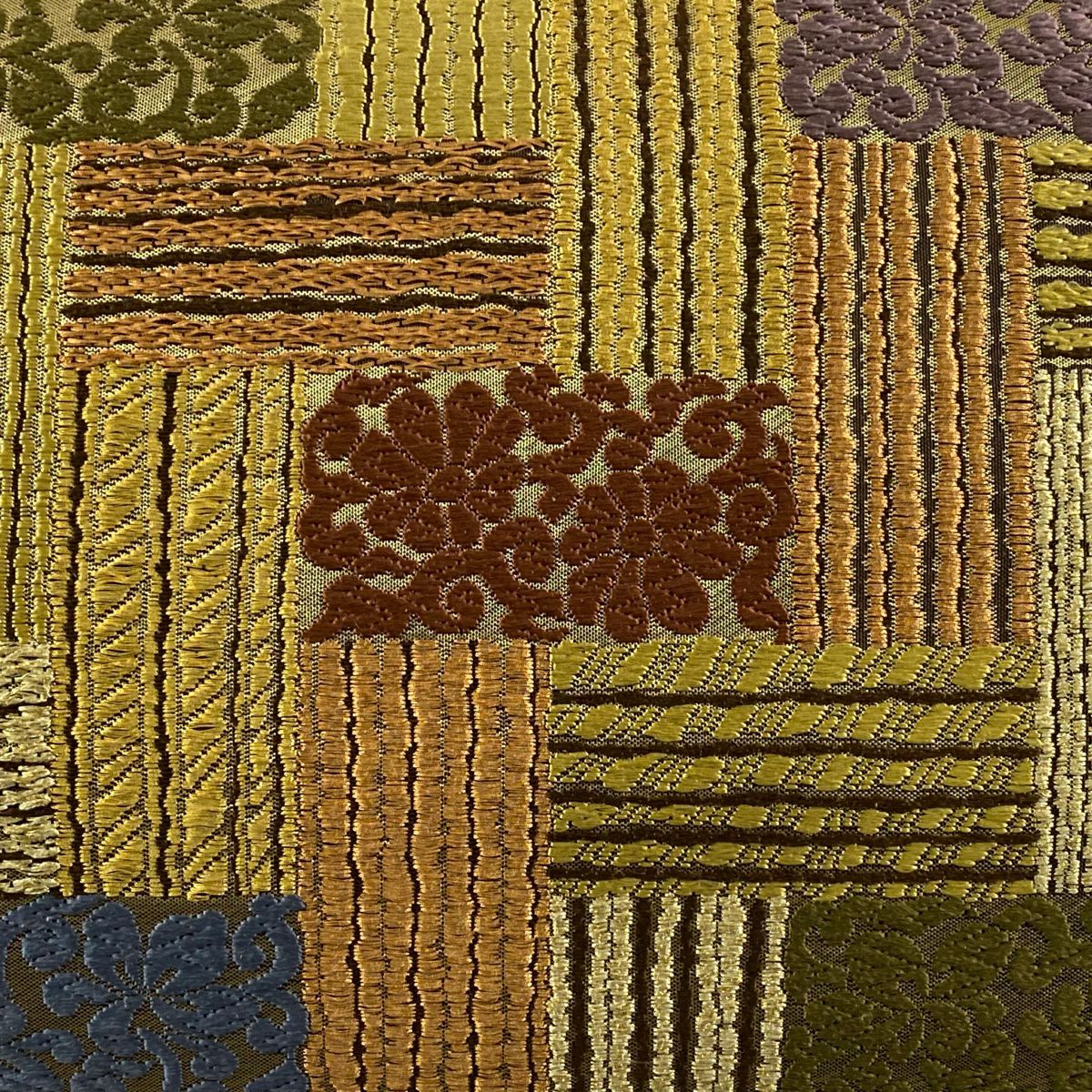 【庫存清倉】 袋帶 美品 名品級 菊花花 縞紋 唐織 金絲 黃土色 六通 純蠶絲