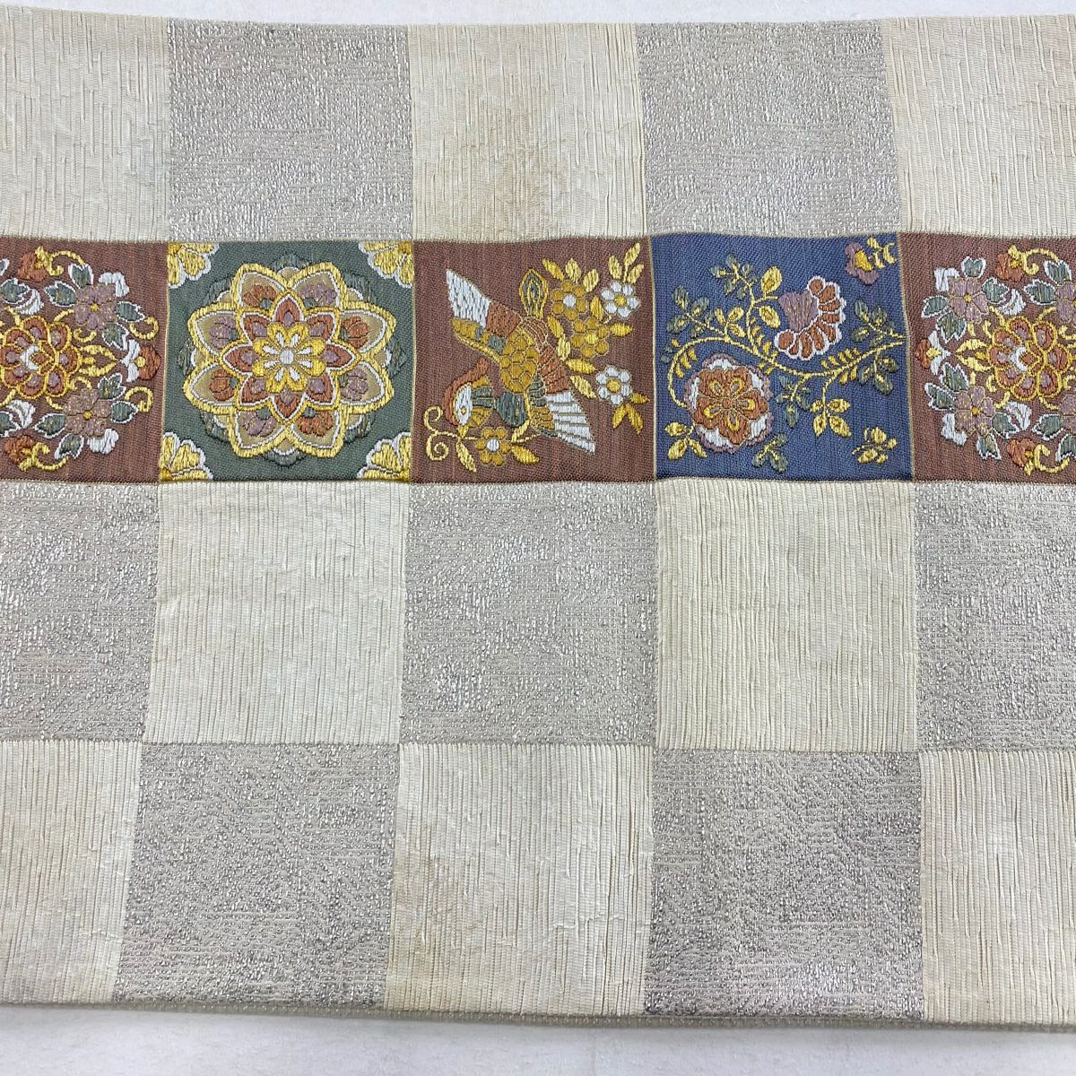 【庫存清倉】 袋帶 優品級 花鳥 市松樹 金金箔 金銀絲 奶油色 六通 純蠶絲