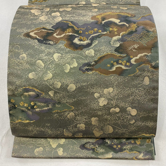 【庫存清倉】 袋帶 美品 秀品級 雲紋 葉紋 金絲 金金箔 灰綠 六通 純蠶絲