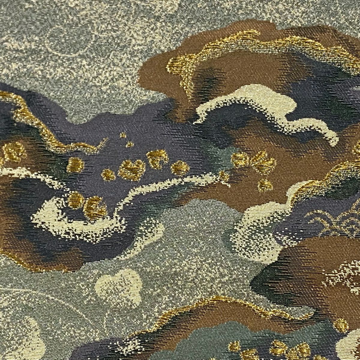 【庫存清倉】 袋帶 美品 秀品級 雲紋 葉紋 金絲 金金箔 灰綠 六通 純蠶絲