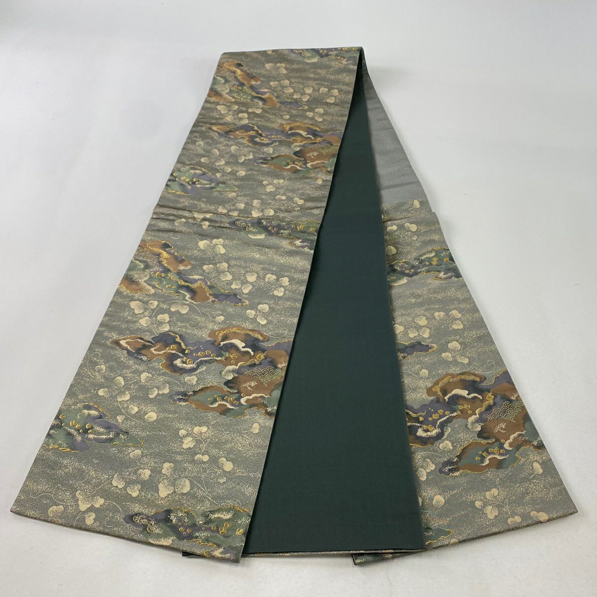 【庫存清倉】 袋帶 美品 秀品級 雲紋 葉紋 金絲 金金箔 灰綠 六通 純蠶絲