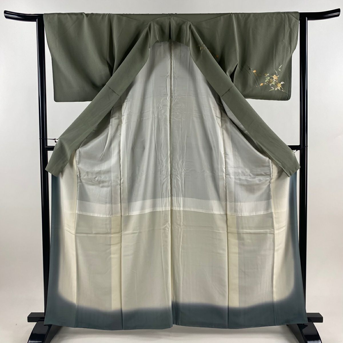 【庫存清倉】訪問服 身長164cm 袖長63.5cm S 雙層 枝花 螺鈿 金銀彩 灰綠 純蠶絲 優品級