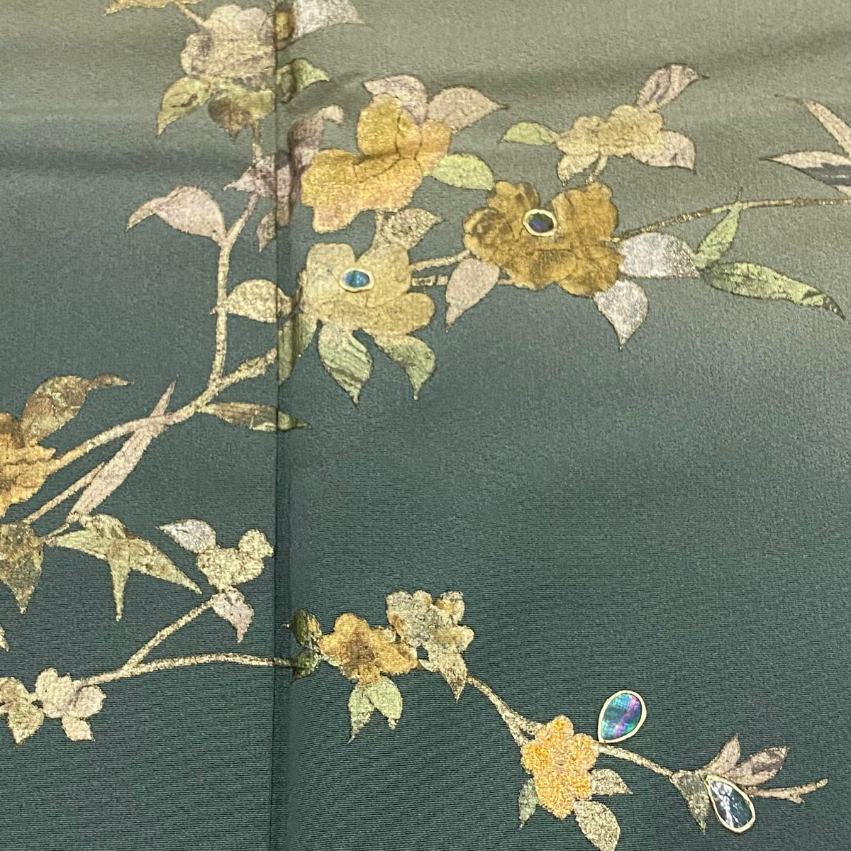 【庫存清倉】訪問服 身長164cm 袖長63.5cm S 雙層 枝花 螺鈿 金銀彩 灰綠 純蠶絲 優品級
