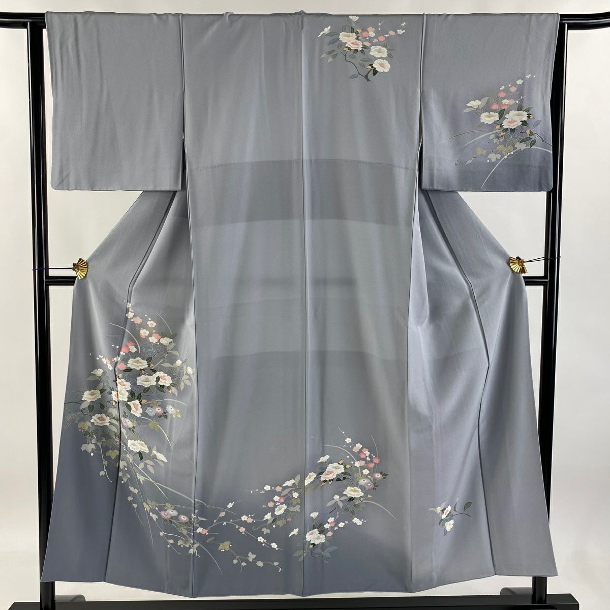 【庫存清倉】訪問服 身長151cm 袖長64.5cm M 雙層 椿 菊花 漸層 青灰 純蠶絲 優品級