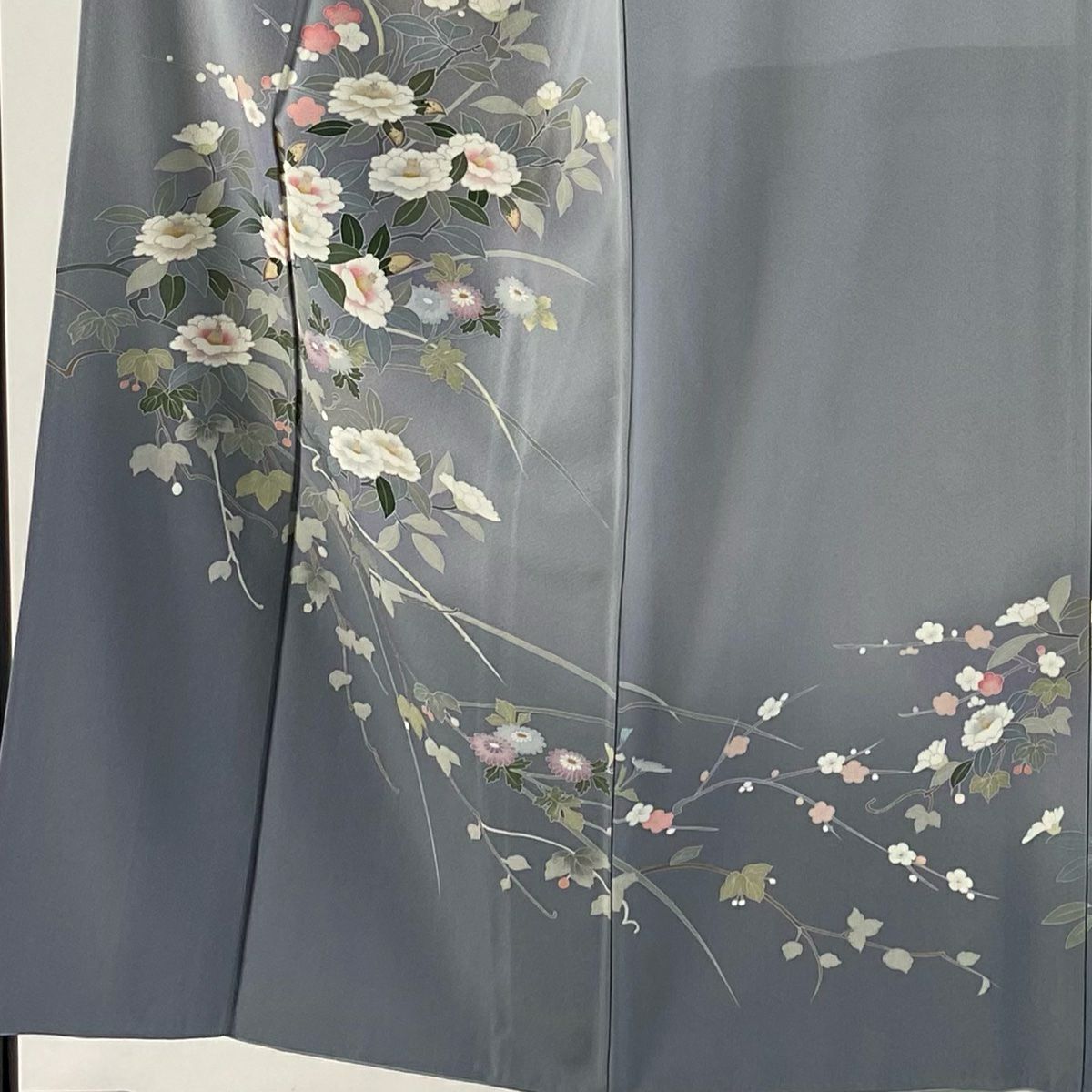 【庫存清倉】訪問服 身長151cm 袖長64.5cm M 雙層 椿 菊花 漸層 青灰 純蠶絲 優品級